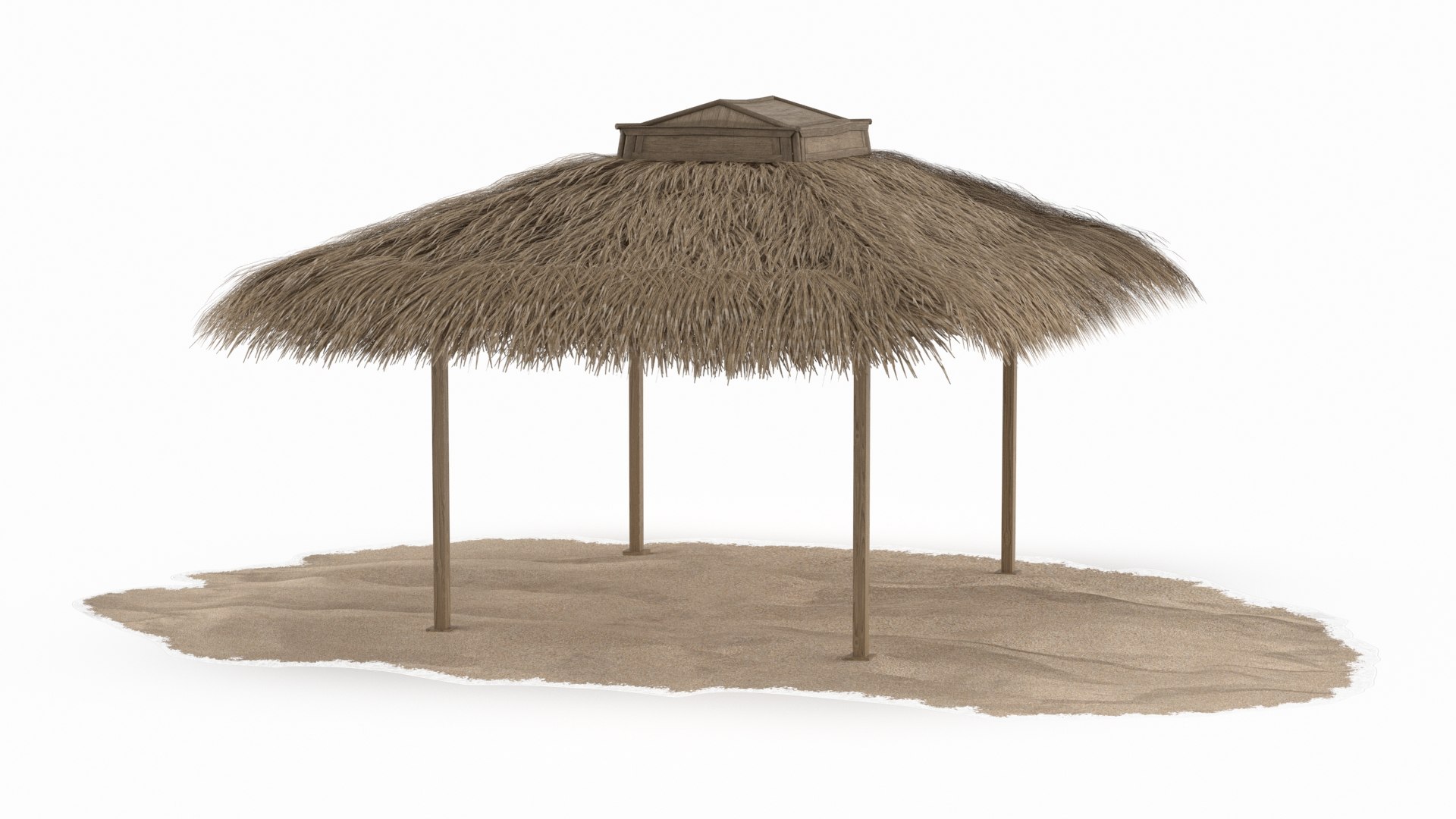 Faded Beach Canopy with Straw Roof and Wooden Poles Brown Old 3D model preview