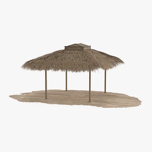 Faded Beach Canopy with Straw Roof and Wooden Poles Brown Old