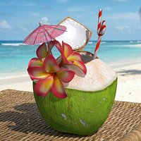 Tropical Coconut Beverage with Flowers and Umbrella