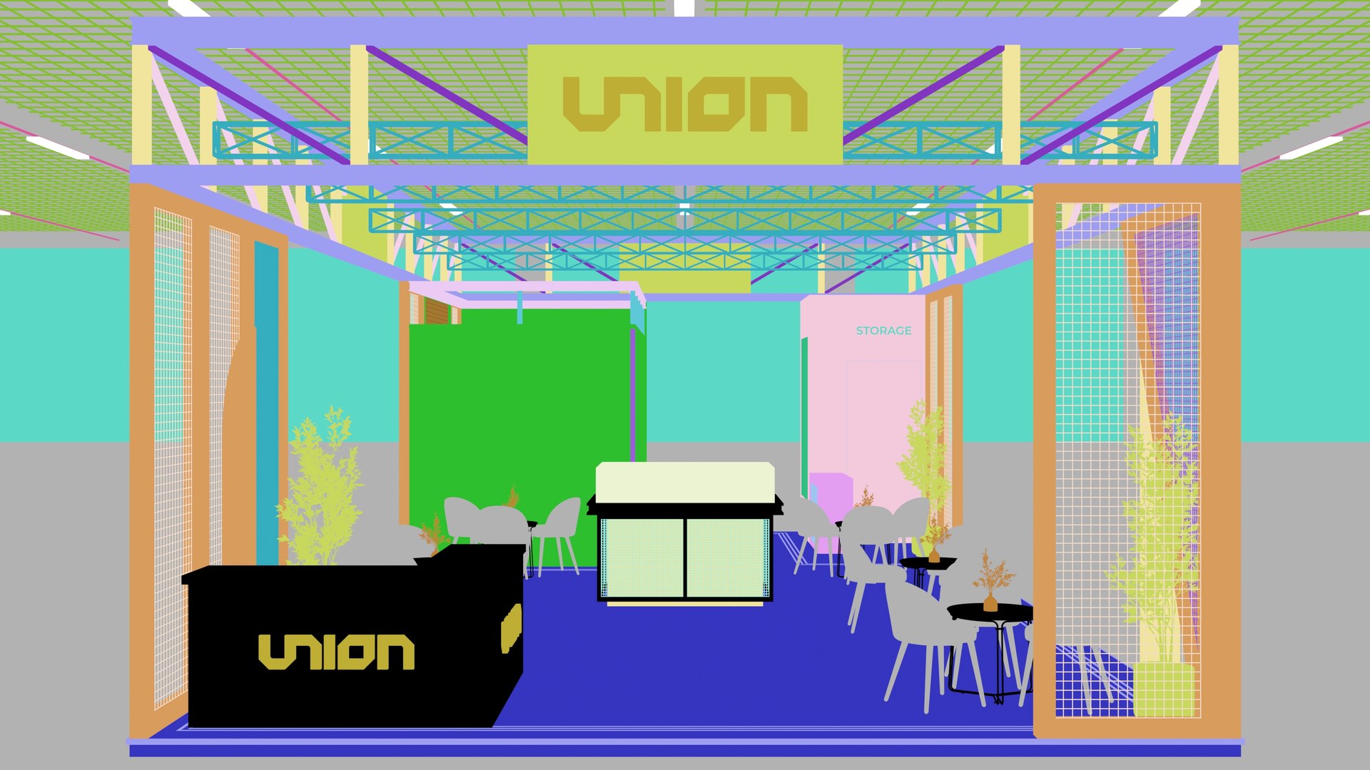 Industrial Exhibition Booth With Orange Lighting And Lounge 3D ...