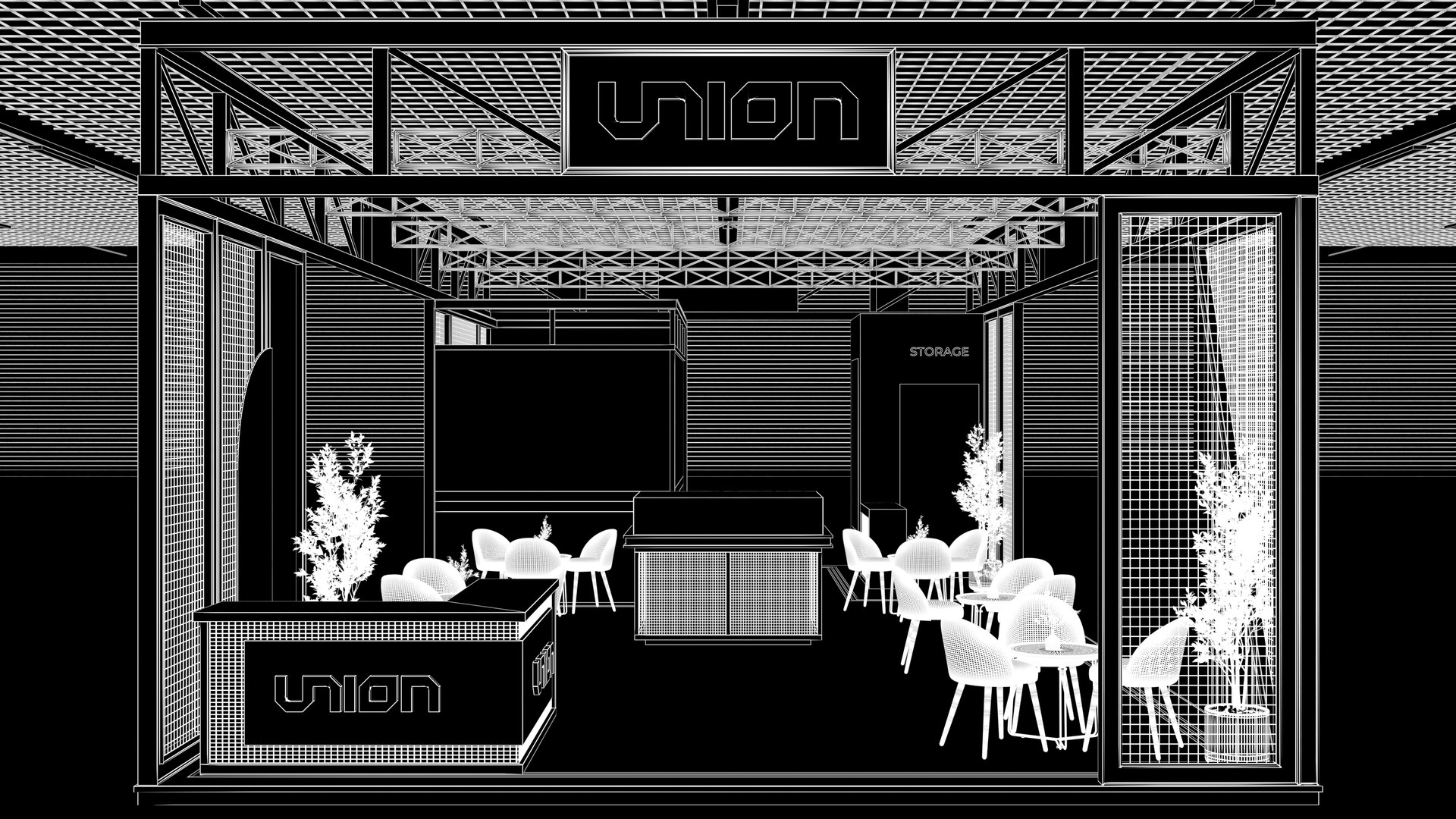 Industrial Exhibition Booth With Orange Lighting And Lounge 3D ...
