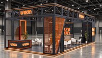 Industrial Exhibition Booth with Orange Lighting and Lounge