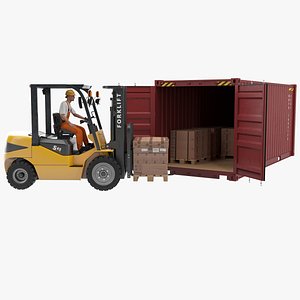 3D Forklift Loading Cargo To Container