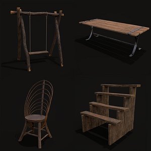 3D Rustic Medieval Wood Furniture Mix Three model