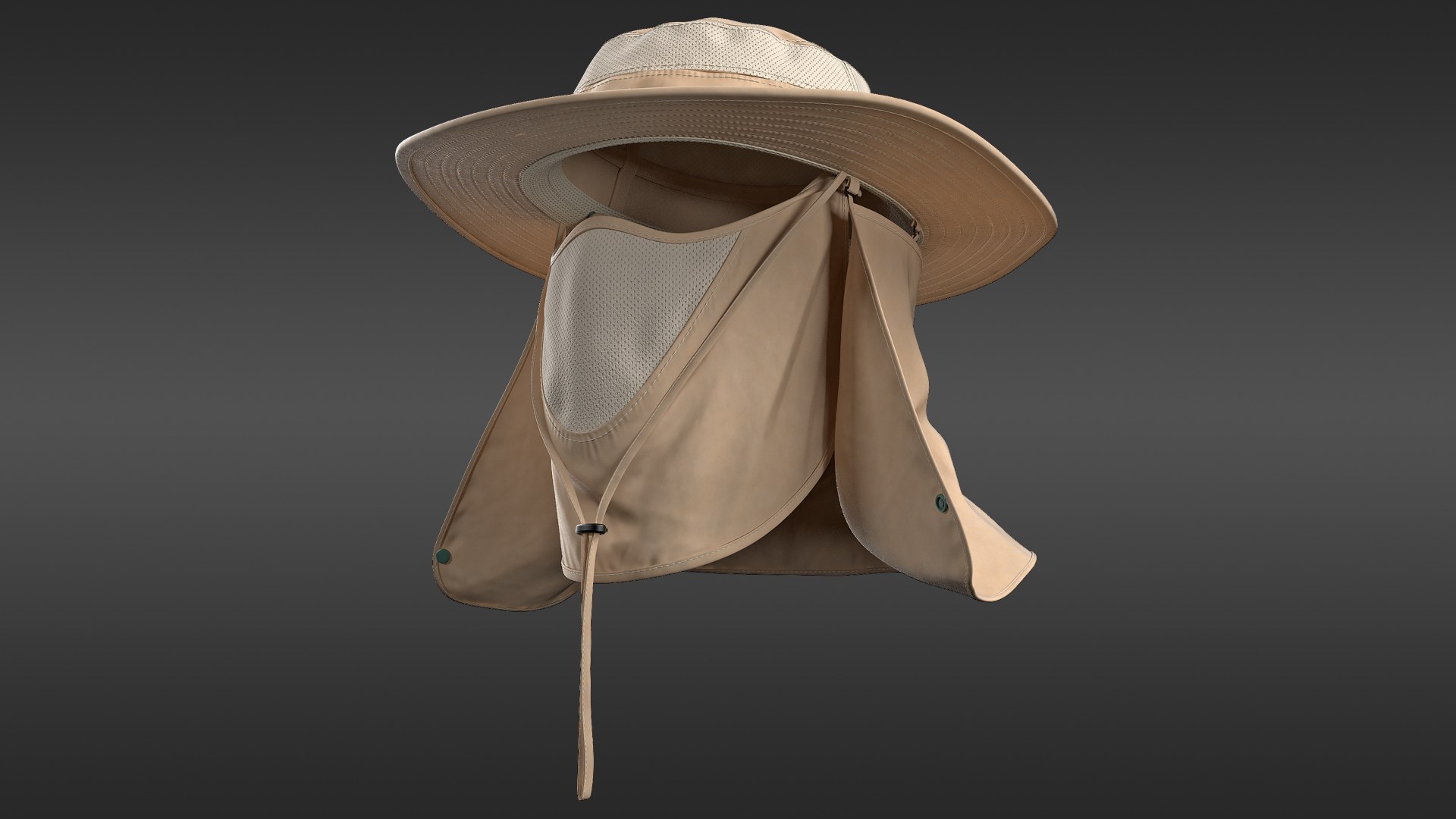 Khaki Outdoor Fishing Hat with Removable Neck Flap and Face Cover Mask 3D model preview