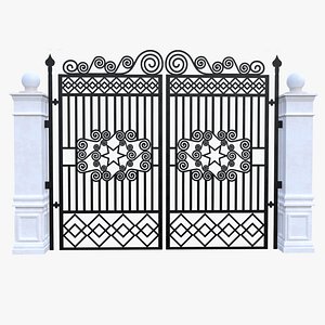 Ornate Wrought Iron Double Gate with Stone Pillars 3D Model 3D model