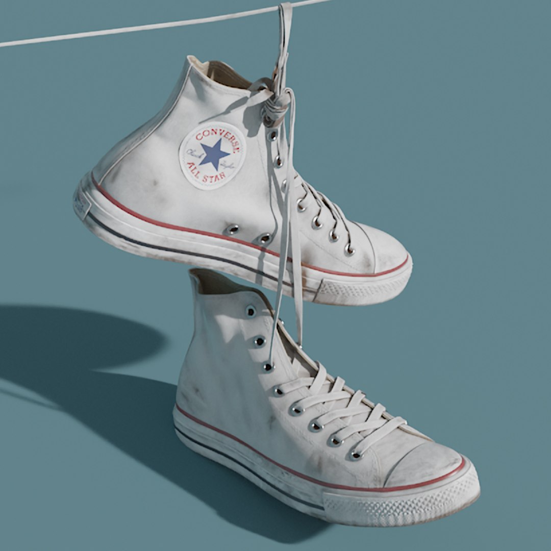White Dirty Converse All Star Sneakers Suspended by Shoelaces 3D model preview