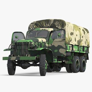 Vintage Army Cargo Truck 6x6 with Camouflage and Canopy Rigged for Cinema 4D
