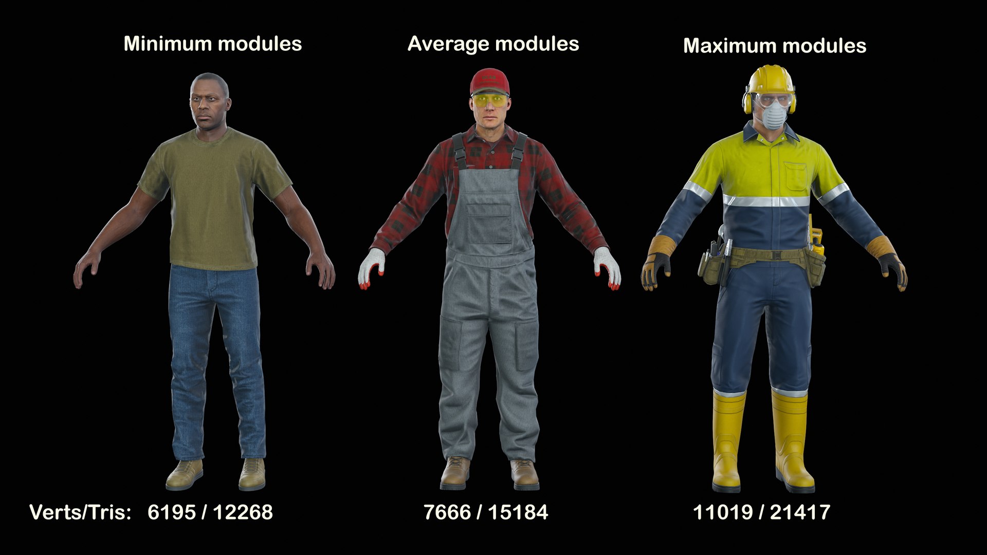 Workers Modular Character 3D model https://p.turbosquid.com/ts-thumb/lq/dtLrjh/Pl/polycount/png/1759257231/1920x1080/fit_q87/62b0fa0b47ba99858043aa0b6a68ee56132f55e2/polycount.jpg