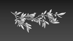Olive branch with birds 3D