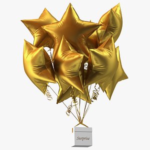 Matte Gold Star Balloon Bouquet with Gift Box 3D model