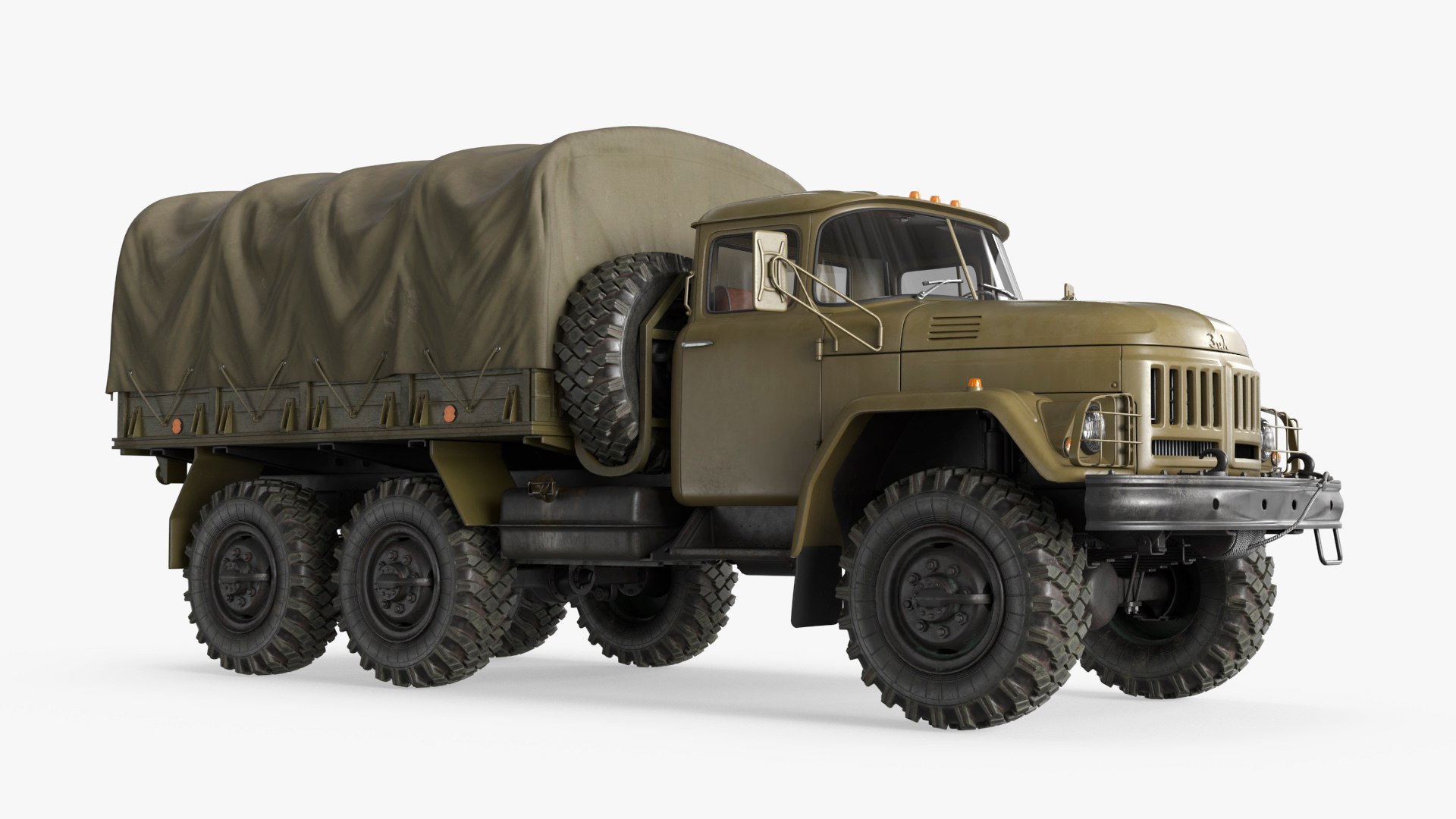 ZIL-131 Military Truck with Cargo Bed and Canvas Cover 3D model for vehicle visualization, games, animation, transport scenes, and automotive rendering
