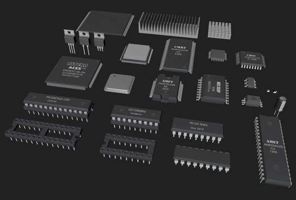 3D 3D model of sci-fi circuit board with core capacitance of CPU chip ...