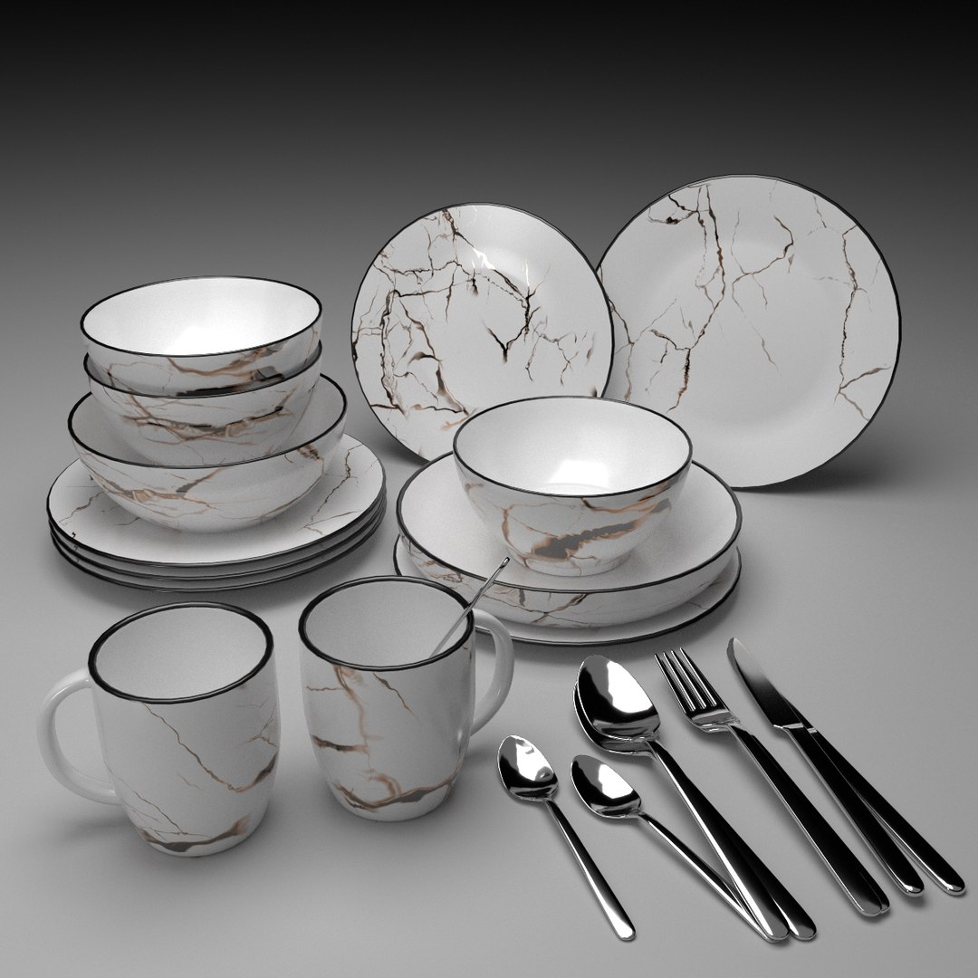 3D Marble Tableware Set With Cutlery - TurboSquid 2347715
