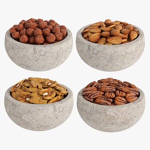 3D model Peeled nuts in stone bowls