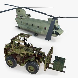 Forklift Loads Cargo to the Transport Helicopter CH 47 Chinook model