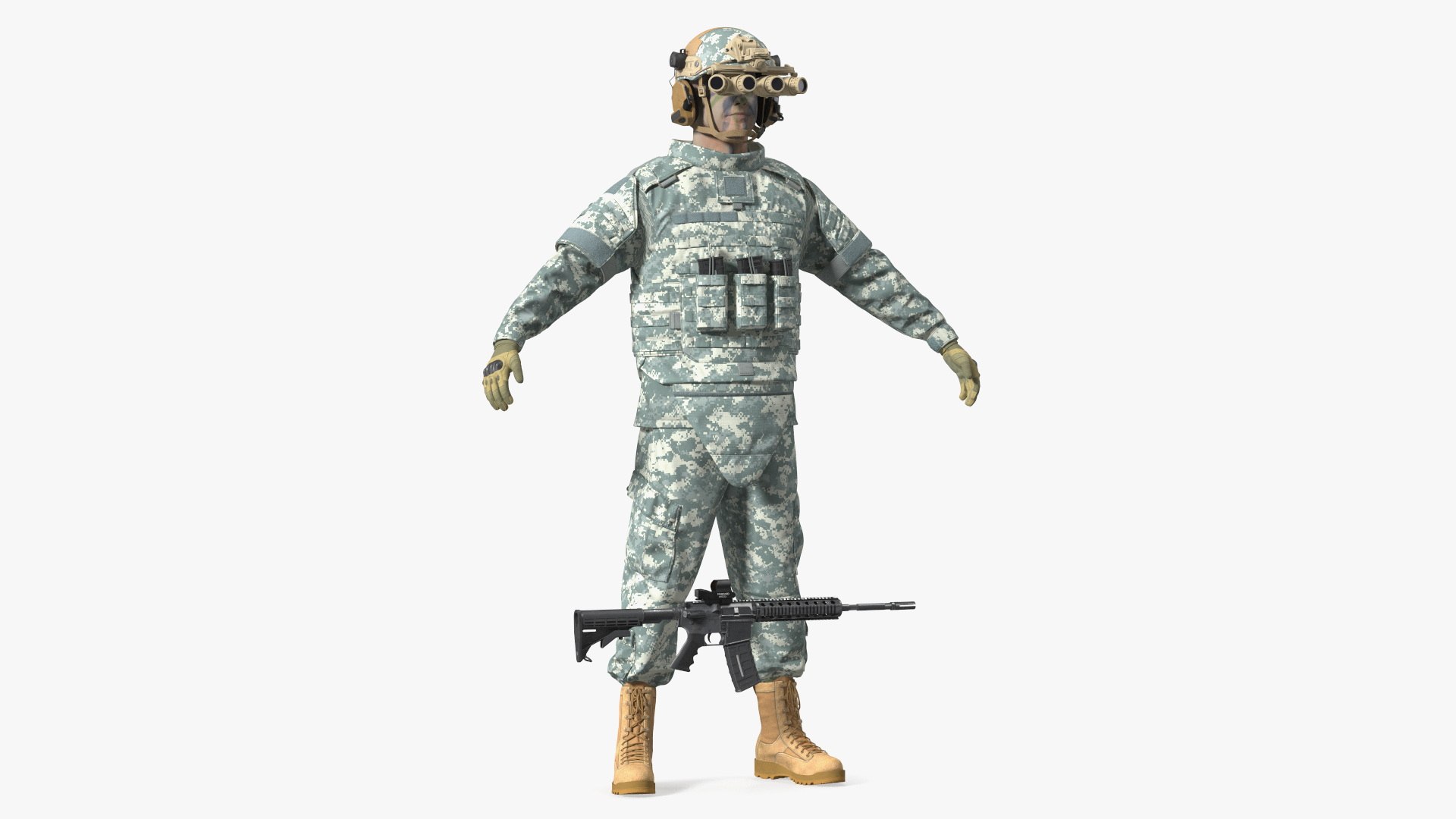 Military Soldier Grey Camo with Night Visor A-pose 3D model preview