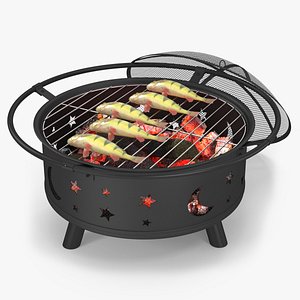 3D Fresh Yellow Perch on Outdoor BBQ Grill with Coals model