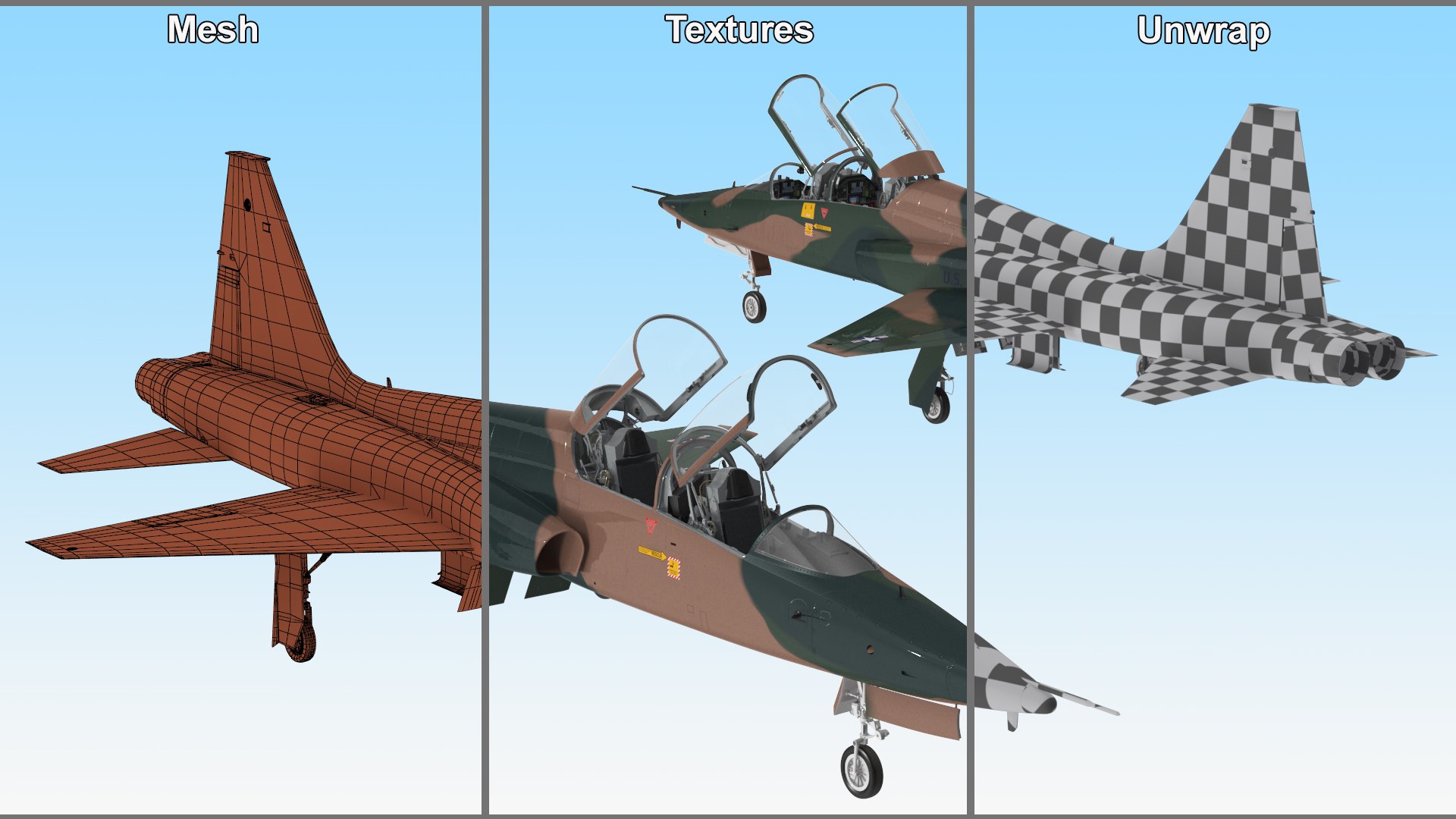 3D Military T-38 Talon Jet Trainer Camo https://p.turbosquid.com/ts-thumb/m7/6EHSrB/hJ/militaryt38talonjettrainercamo3dmodel035/jpg/1708591188/1920x1080/fit_q87/b97d92c445757997b3bc51212751c9ef169fb220/militaryt38talonjettrainercamo3dmodel035.jpg