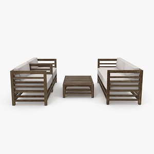 Set of Wood Outdoor Sofas and Table 3D model