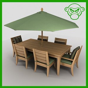 long table with chairs and umbrella