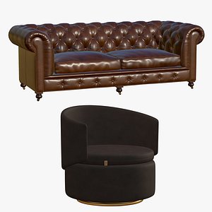 Chesterfield Realistic Leather Sofa With Lobster Chair 3D