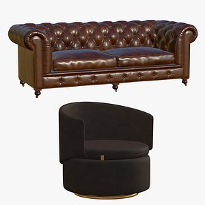 Chesterfield Realistic Leather Sofa With Lobster Chair