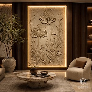 Modern Floral Poppy Flower Decor Bas Relief Mural STL CNC 52 3D