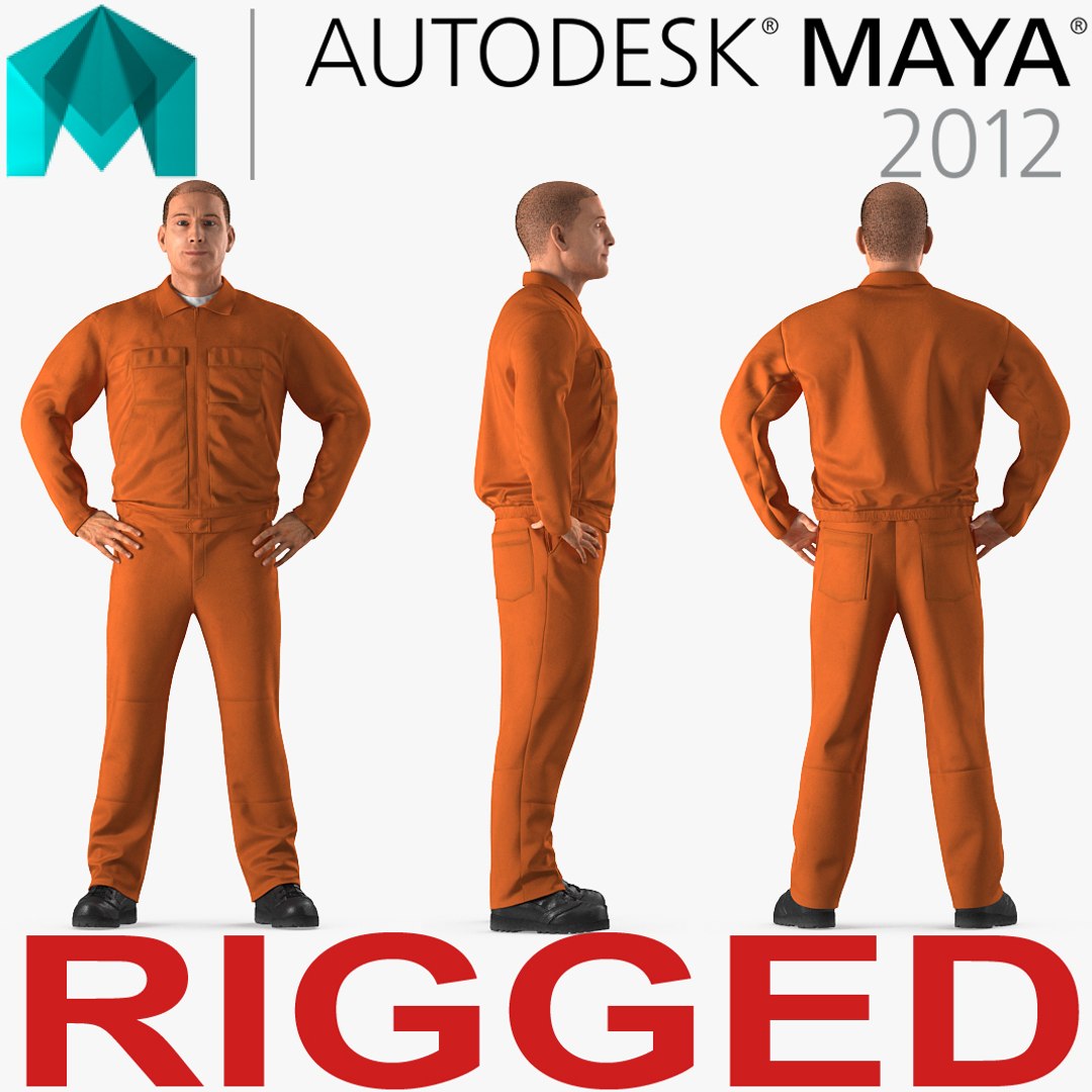 Builder Wearing Orange Long Sleeve Coveralls Rigged for Maya 3D Model 3D model preview