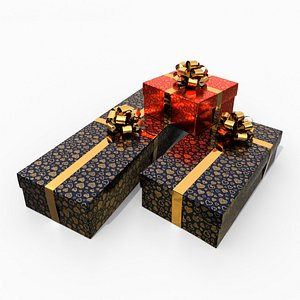 Gift Boxes - Low and Long Trio with Glossy Ribbon Rosette 3D model