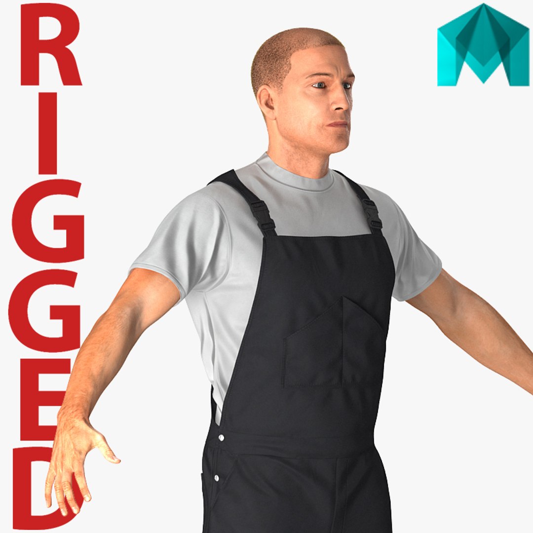 Worker Wearing Black Overalls Suit Rigged for Maya 3D Model 3D model preview
