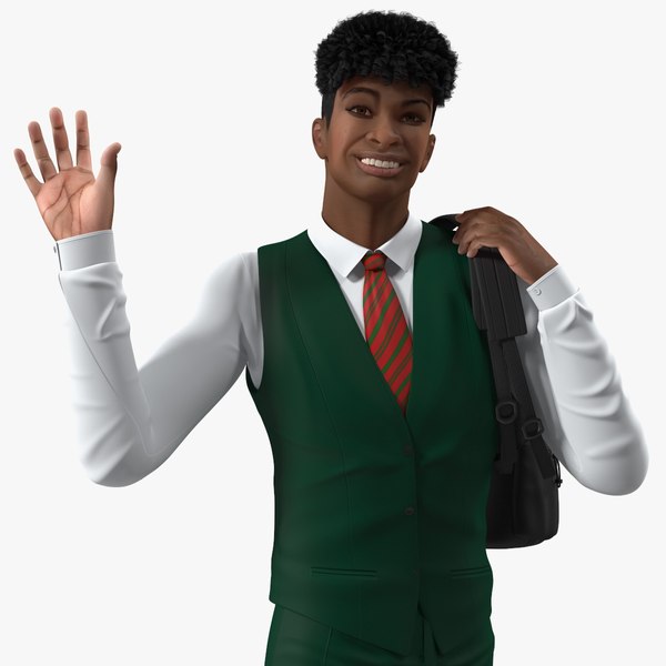 3D Black Teenager Light Skin School Uniform Rigged