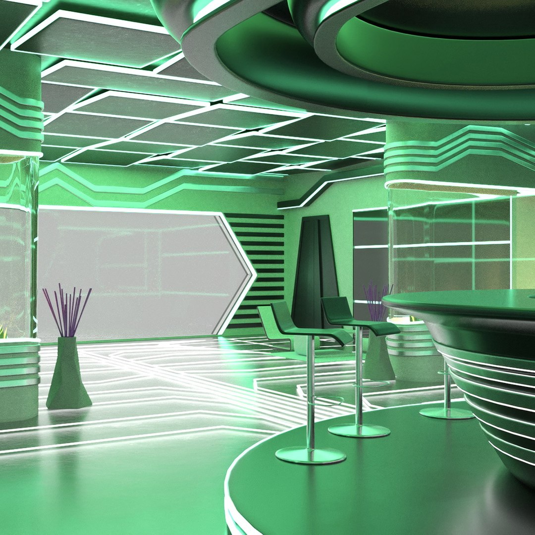 Sci-Fi Bar Interior Green Lights On 3D model preview