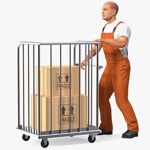 Worker with Trolley Platform High Railing Cardboard Boxes Rigged Fur for Maya