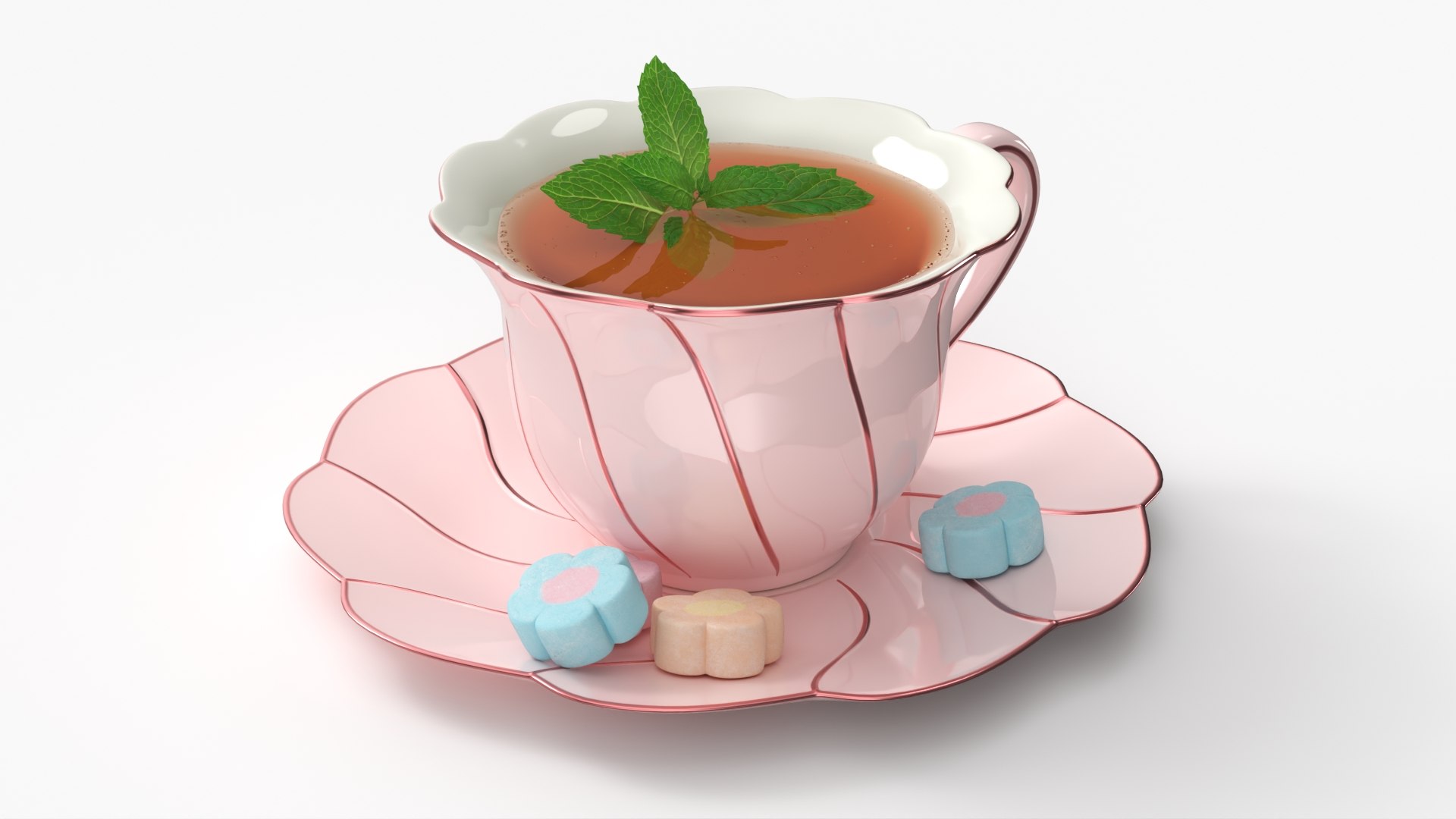 Mint Tea in Pink Porcelain Cup with Marshmallows 3D model preview