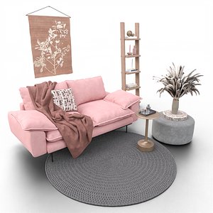 Soft Pink Living Room Interior with Decorative Shelf