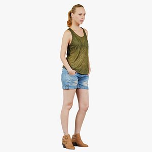 3D Woman in Jeans Shorts and Green Top Remastered model