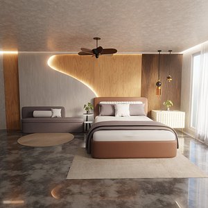 3D Modern Minimalist Bedroom Interior with LED Accent Wall  Wooden Paneling