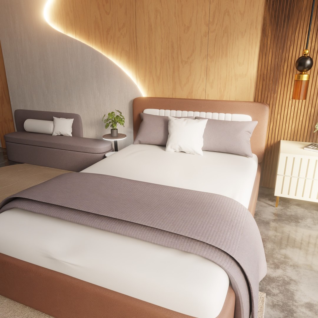 Free 3D Modern Minimalist Bedroom Interior With LED Accent Wall Wooden ...