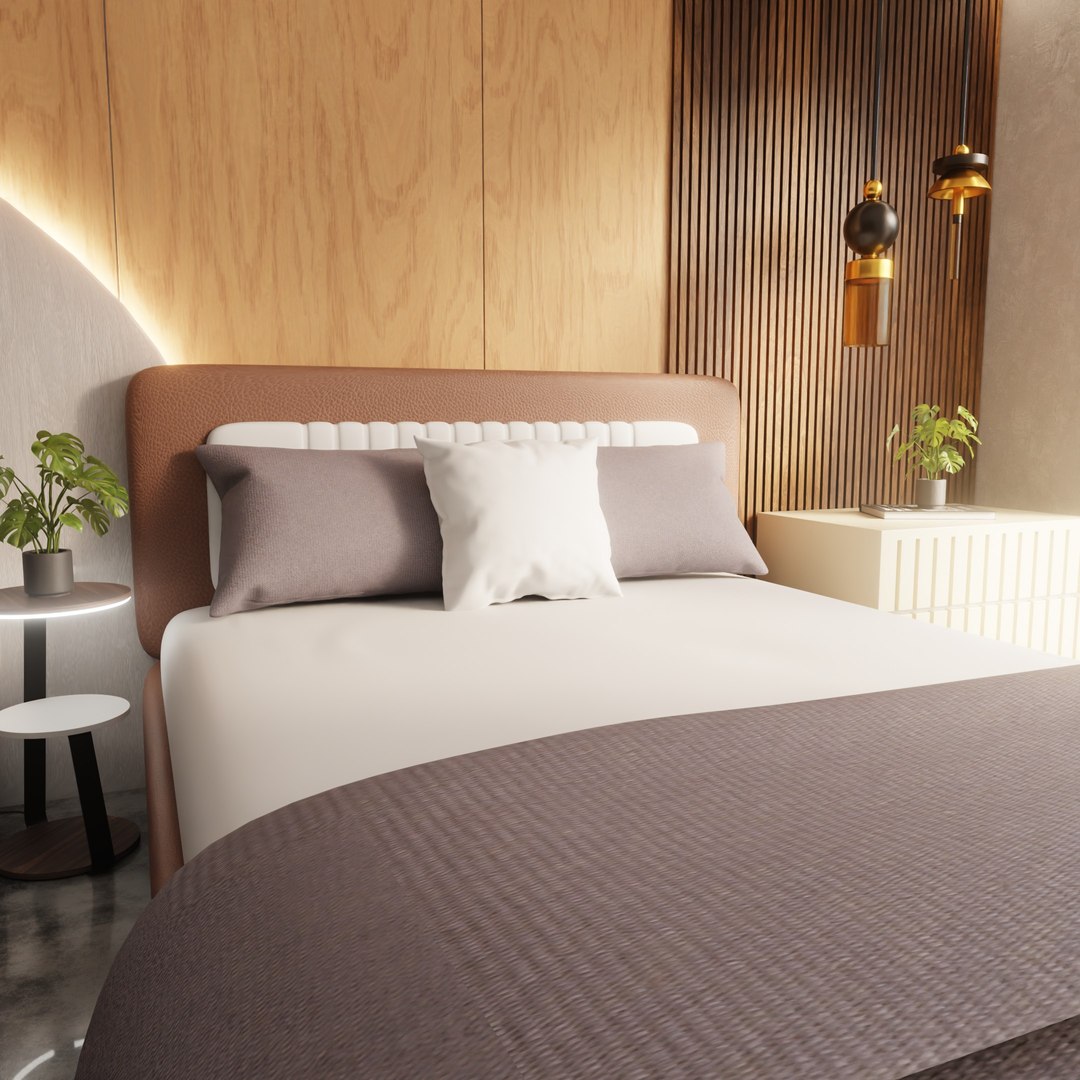 Free 3D Modern Minimalist Bedroom Interior With LED Accent Wall Wooden ...