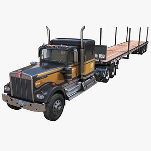 3D Kenworth W900A flatbed semitruck model