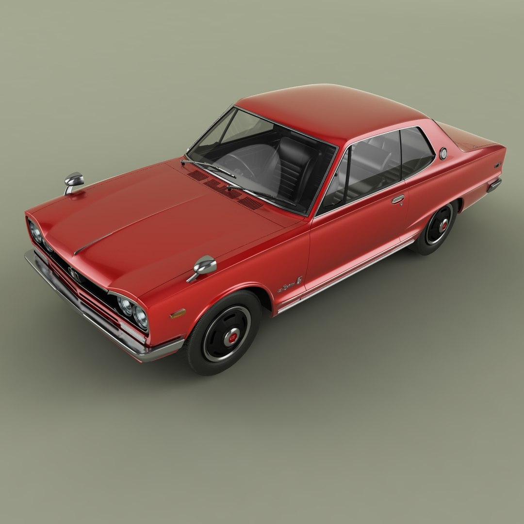 Nissan Skyline 2000GT coupe KGC10 model https://p.turbosquid.com/ts-thumb/mP/Sixybu/kF/nissanskylinec106/jpg/1686334786/1920x1080/fit_q87/1e0816e422d978bbd9b524e49a016531bdb5dac7/nissanskylinec106.jpg