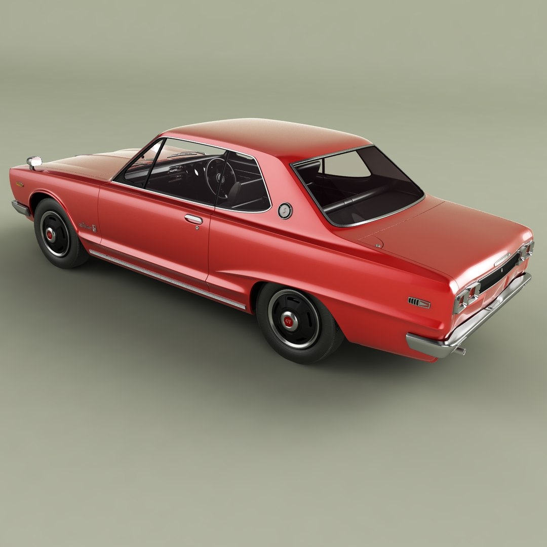 Nissan Skyline 2000GT coupe KGC10 model https://p.turbosquid.com/ts-thumb/mP/Sixybu/tU/nissanskylinec108/jpg/1686334789/1920x1080/fit_q87/1042f9315708c9897888b24e05c1bfb56277f680/nissanskylinec108.jpg