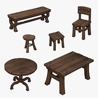 Stylized Fantasy Dining Set - Game Ready Tables and Chairs