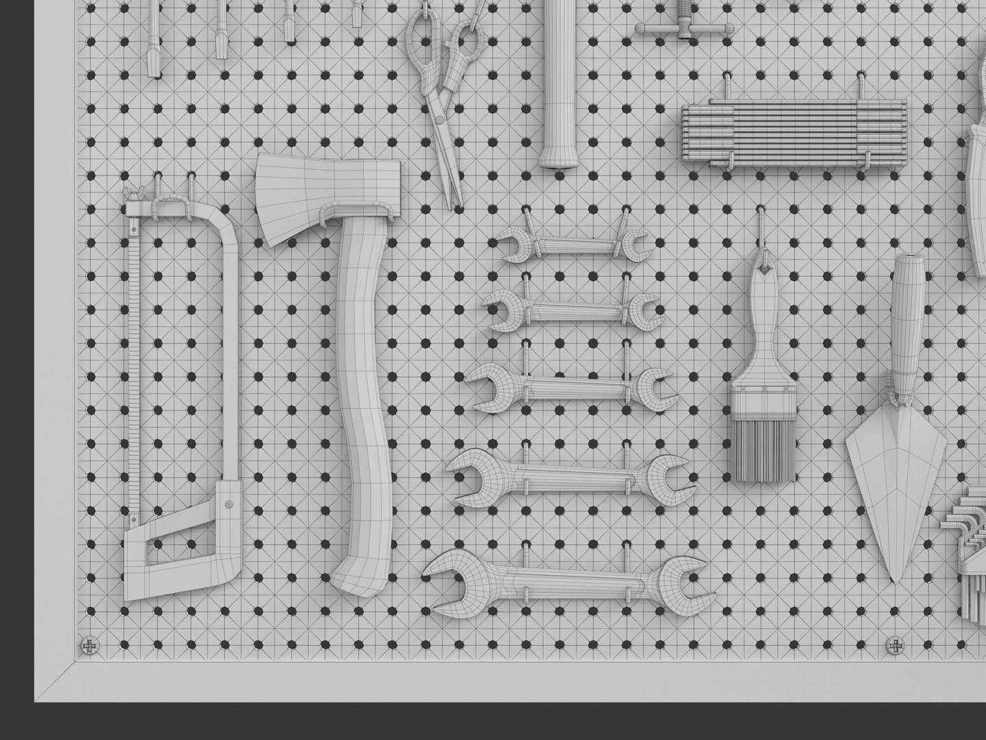 Pegboard with Tools model https://p.turbosquid.com/ts-thumb/mR/hsPj9W/St/wireframe05/png/1764058145/1920x1080/fit_q87/fc1d15efeaff708779598a09001638bb83cf15cf/wireframe05.jpg