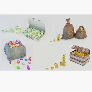 Game set of treasures low poly hand painted