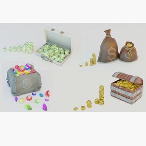 Game set of treasures low poly hand painted