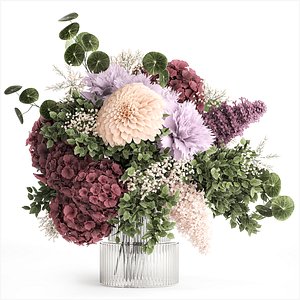 3D Small Bouquet Of Flowers Hydrangea Lilac Dahlia 371
