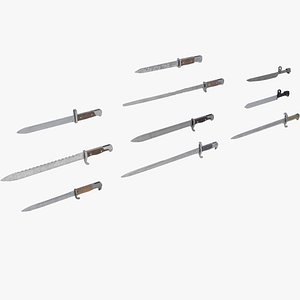Set of 10 low-poly old german bayonets 3D model