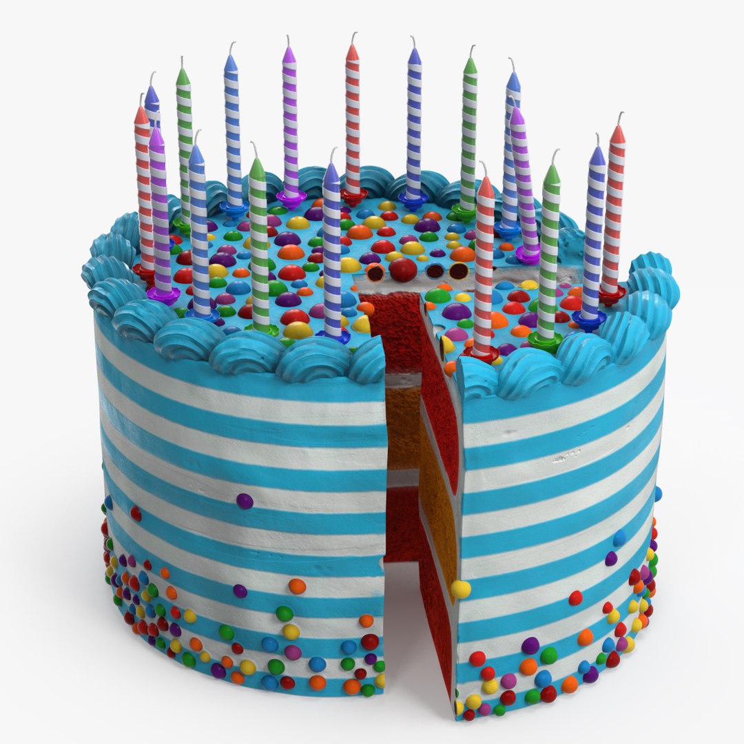 Birthday Cake with Candles and Slice Cut 3D model preview